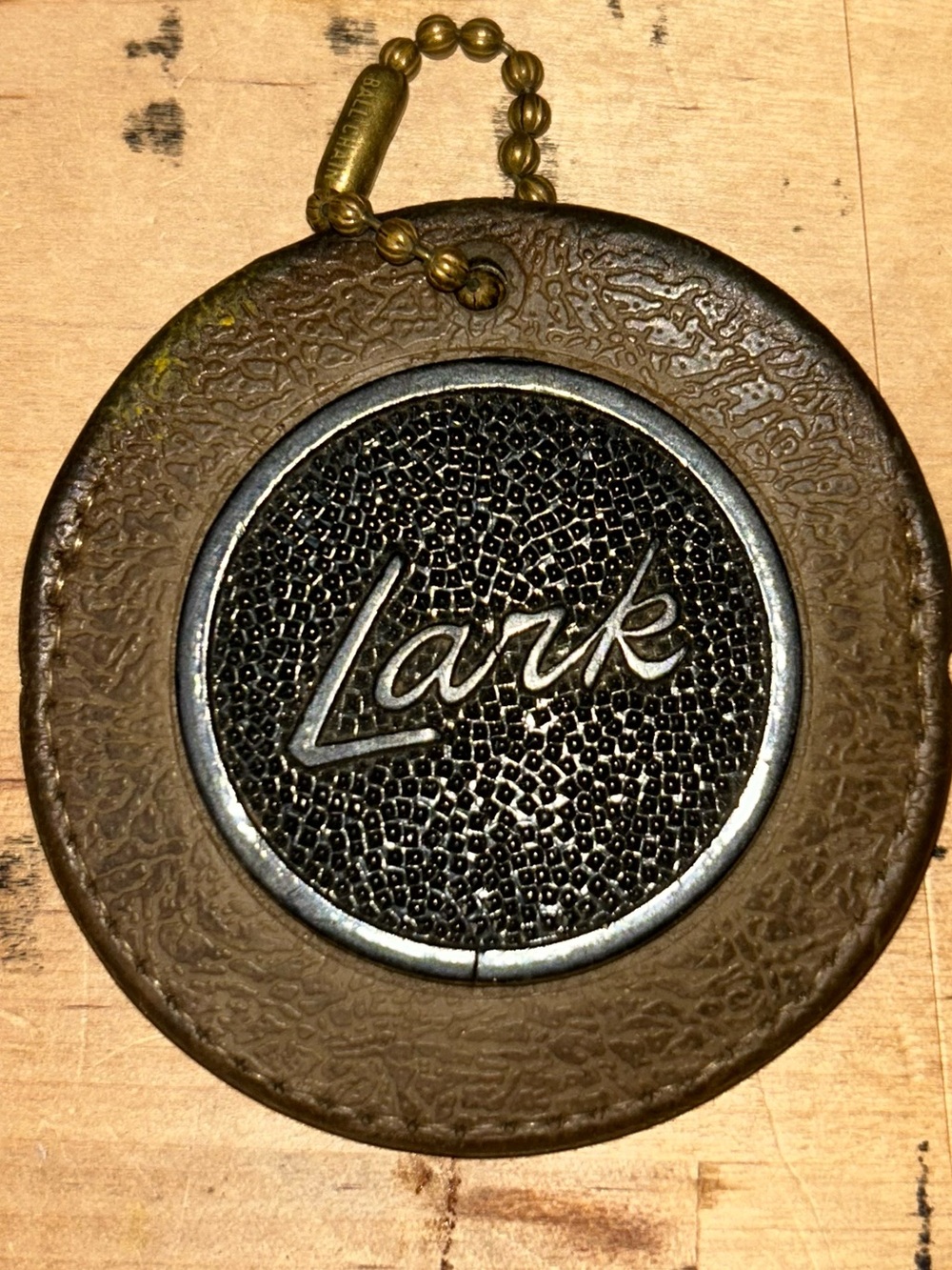 Vintage Lark Luggage Tag Round Brown Faux Leather Travel ID Bag Tag & Ball Chain
